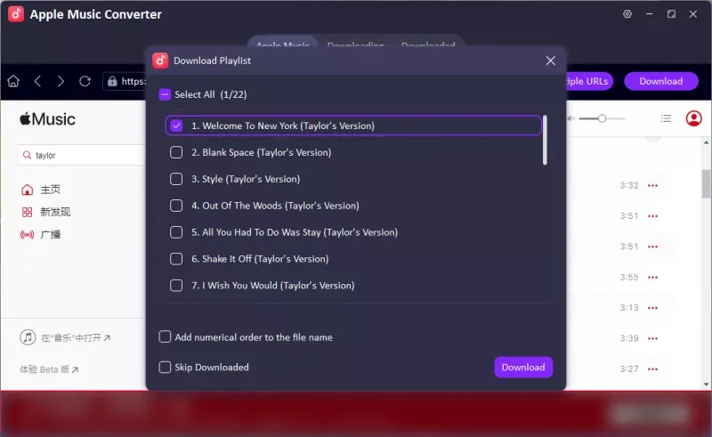Screenshot of the Apple Music Converter displaying a playlist selection for download, with individual songs like 'Welcome To New York' checked