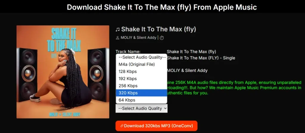 Screenshot showing the selection of 320 Kbps audio quality for downloading Apple Music to MP3
