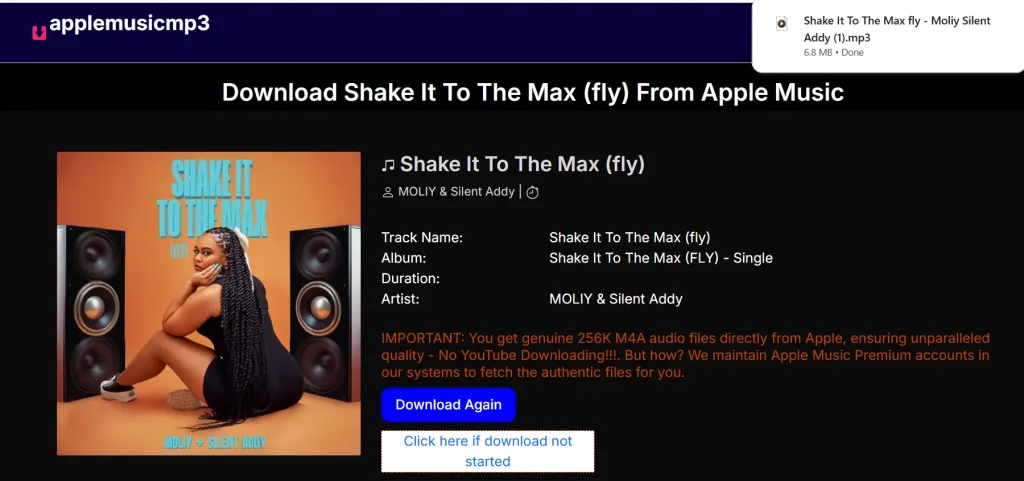 Screenshot showing a completed Apple Music to MP3 song download on the AppleMusicMp3 converter, with file details visible