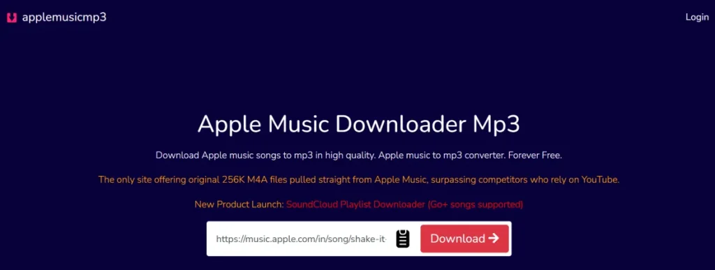 Screenshot of the AppleMusicMp3 online converter with an Apple Music song link pasted in the download field