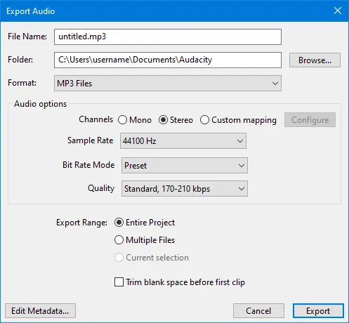 Screenshot of the Audacity 'Export Audio' dialog box, set to save the recording as an MP3 file.