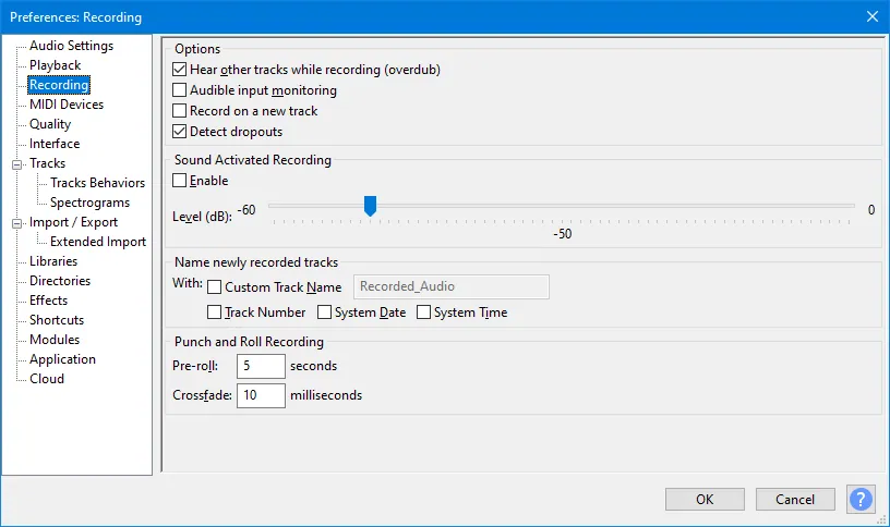 Screenshot of audio recording software preferences, showing the 'Recording' settings panel.