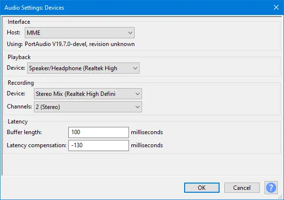 Screenshot of audio settings displaying recording device options, showing 'Stereo Mix' selected.