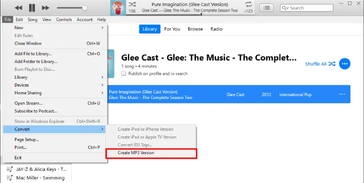 Screenshot of iTunes File menu, showing the 'Convert' option expanded to 'Create MP3 Version' for a song.