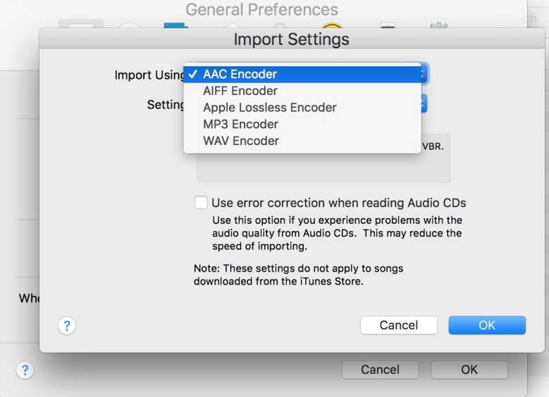 Screenshot of iTunes Import Settings showing the audio encoder options, with 'MP3 Encoder' available for selection.